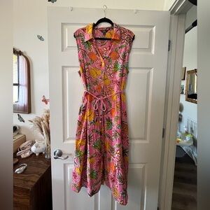 mlle Gabrielle pink cotton double-lined button up tiered tropical midi dress